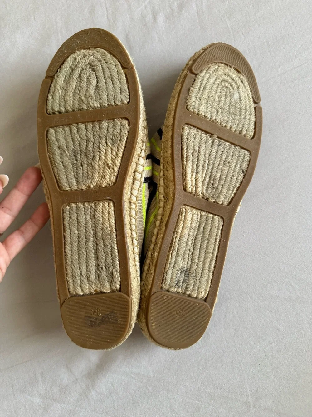 Tory Burch Neutral Canvas Espadrilles with Navy & Neon Yellow Accents